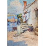 Henry Meynell RHEAM (1859-1920) Washday Newlyn, a view towards Penzance Watercolour Signed with