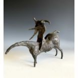 A bronze in the style of Kenneth Armitage, two figures riding a horse, maximum height 17cm, length