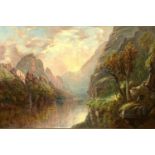 19th century Canadian Lake Louise Canada Oil on canvas, lined Initialed GM, inscribed to verso 30