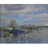 Ken HOWARD (1932) Newlyn Harbour Oil on canvas signed Inscribed and dated '89 to verso 50 x 60cm