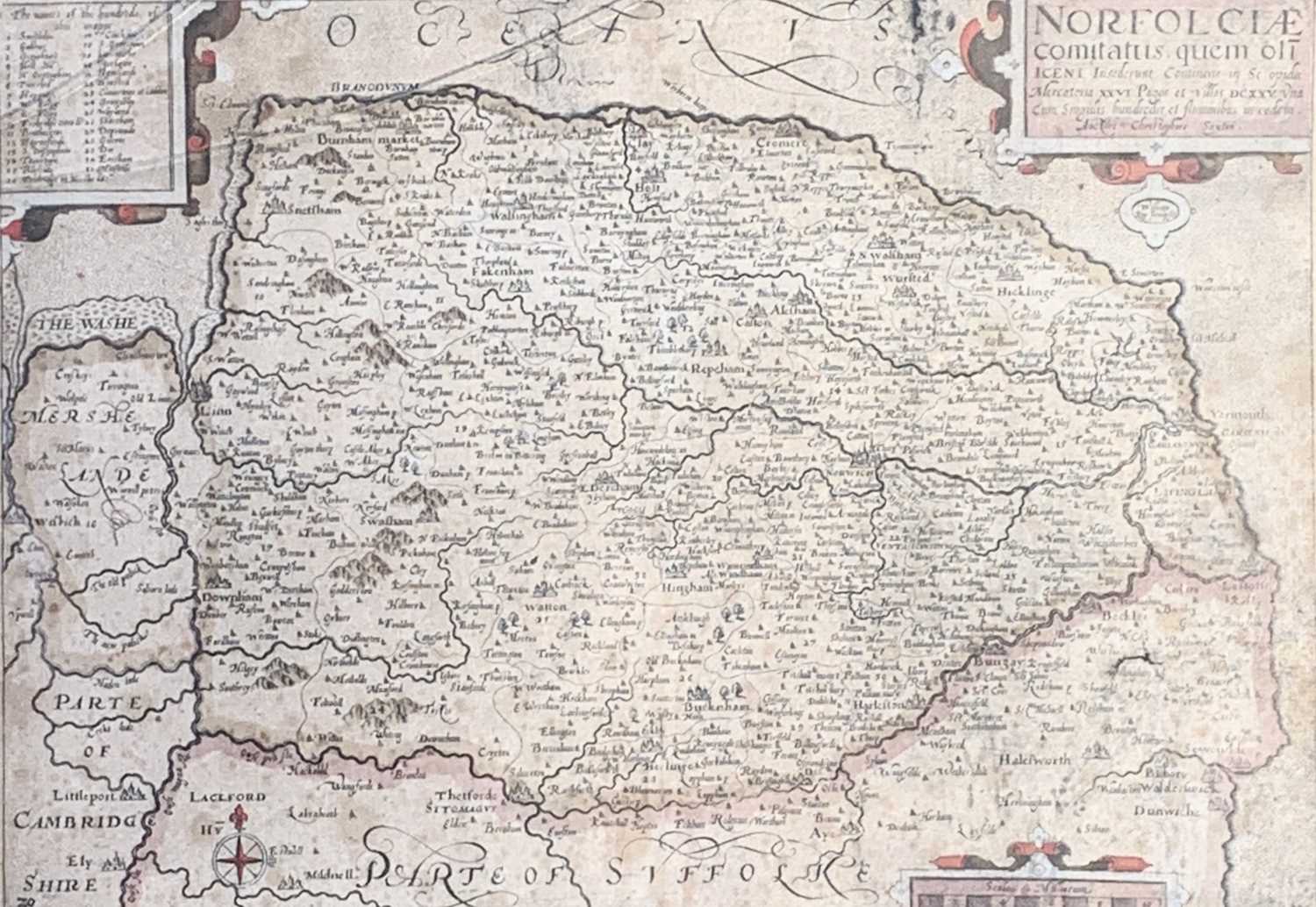Map, hand coloured.William Kipp (c.1588-1635) after Christophore SAXTON (c.1540-c.1610)Norfolcae