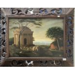 Coastal temple Oil on canvas in wide, carved & pierced oak frame 47 x 65cm