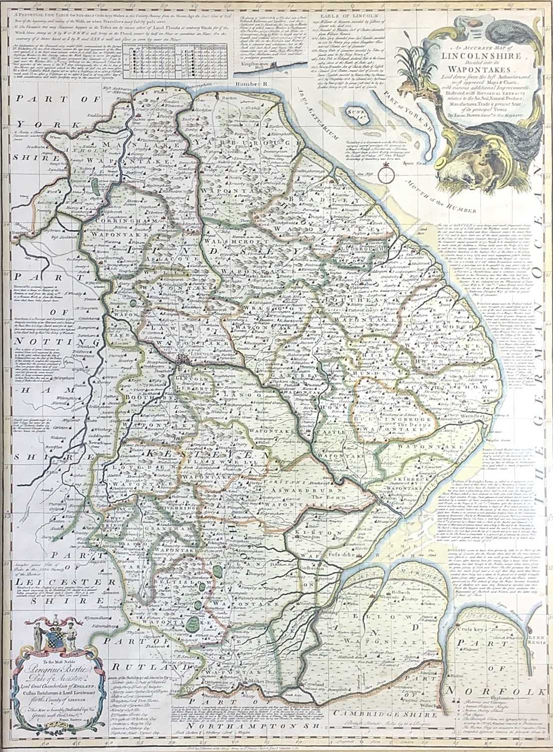 Map, handcolouredEmanuel BOWEN (1694-1767) An accurate map of Lincolnshire. Divided into its