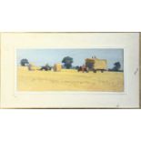 John HARVEY Harvesting near Ipswich Oil on board Initialed 15 x 37cm