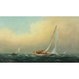 William BRADLEY-CARTER (British, 20th Century)Sailing off the CoastOil on boardSigned 29.5 x 49.5cm