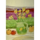 Bryan PEARCE (1929-2006) Yellow flowers in green jug Still Life conte on pastel paper Inscribed