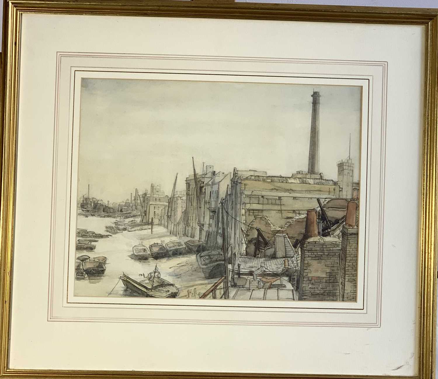 Gwen MAY Rotherhithe Watercolour Signed society of graphic art labelled to verso 27 x 35cm - Image 3 of 3