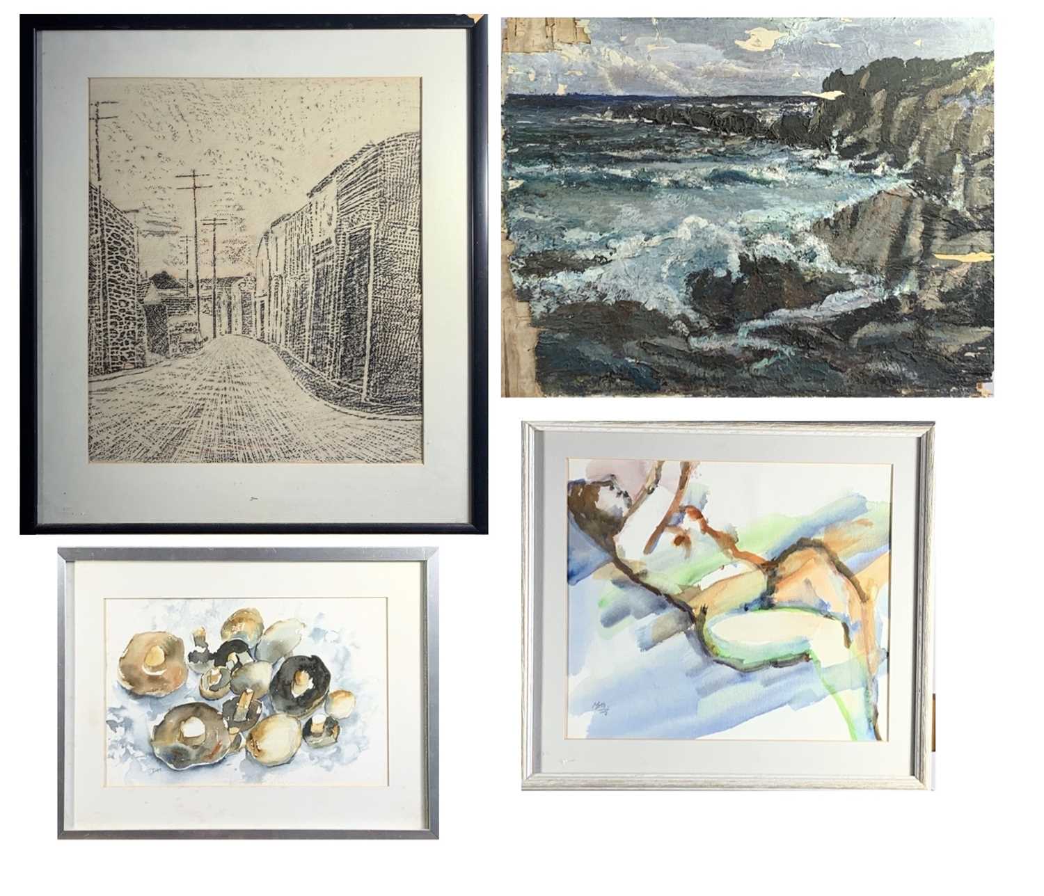 Moreen MOSSNudeWatercolour SignedTogether with a charcoal street drawing by Matthew Beaghan, a