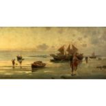 W RICHARDS Fisherfolk, Low Tide Oil on canvas Signed 30 x 60cm
