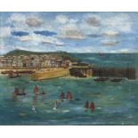 E DANIEL View to St. Ives with the short-lived wooden pierOil on Lanhams canvasSigned 50cm x 60cm