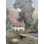 Fred MILNER (1863-1939) Moonrise cottage Oil on panel Signed Indistinctly inscribed to verso 22 x