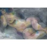 Douglas Owen PORTWAY (1922-1993)Reclining NudeMixed media on silk Signed25 x 36cm