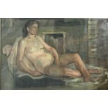 George J. CHARLTON (1899-1979) Reclining nude 'lost in thought' Oil on canvas lined Signed 51 x