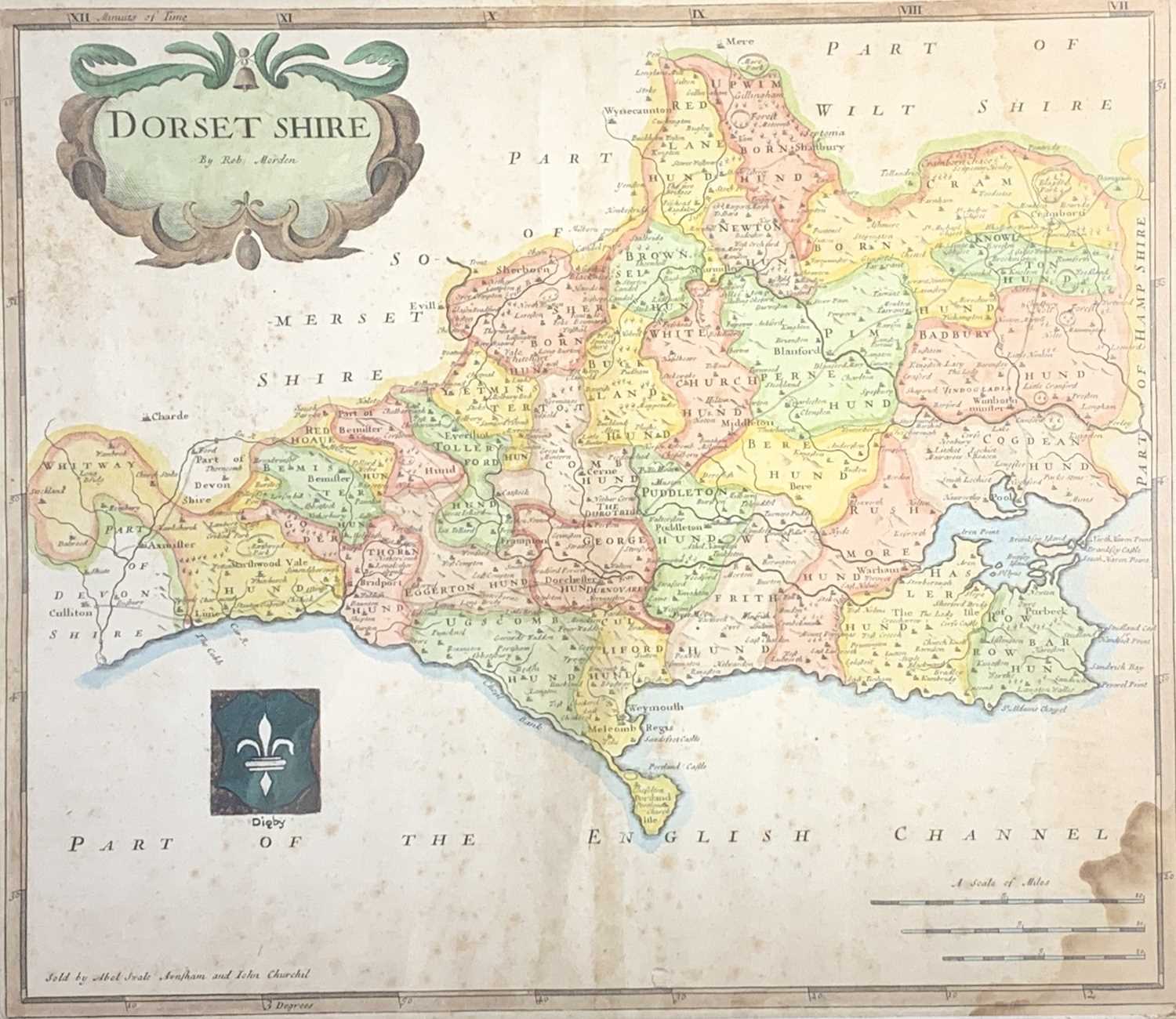 Map, handcolouredRob MORDEN (1650-1703)Dorset Shire sold by Abel Swale Awnsham and John Churchill.