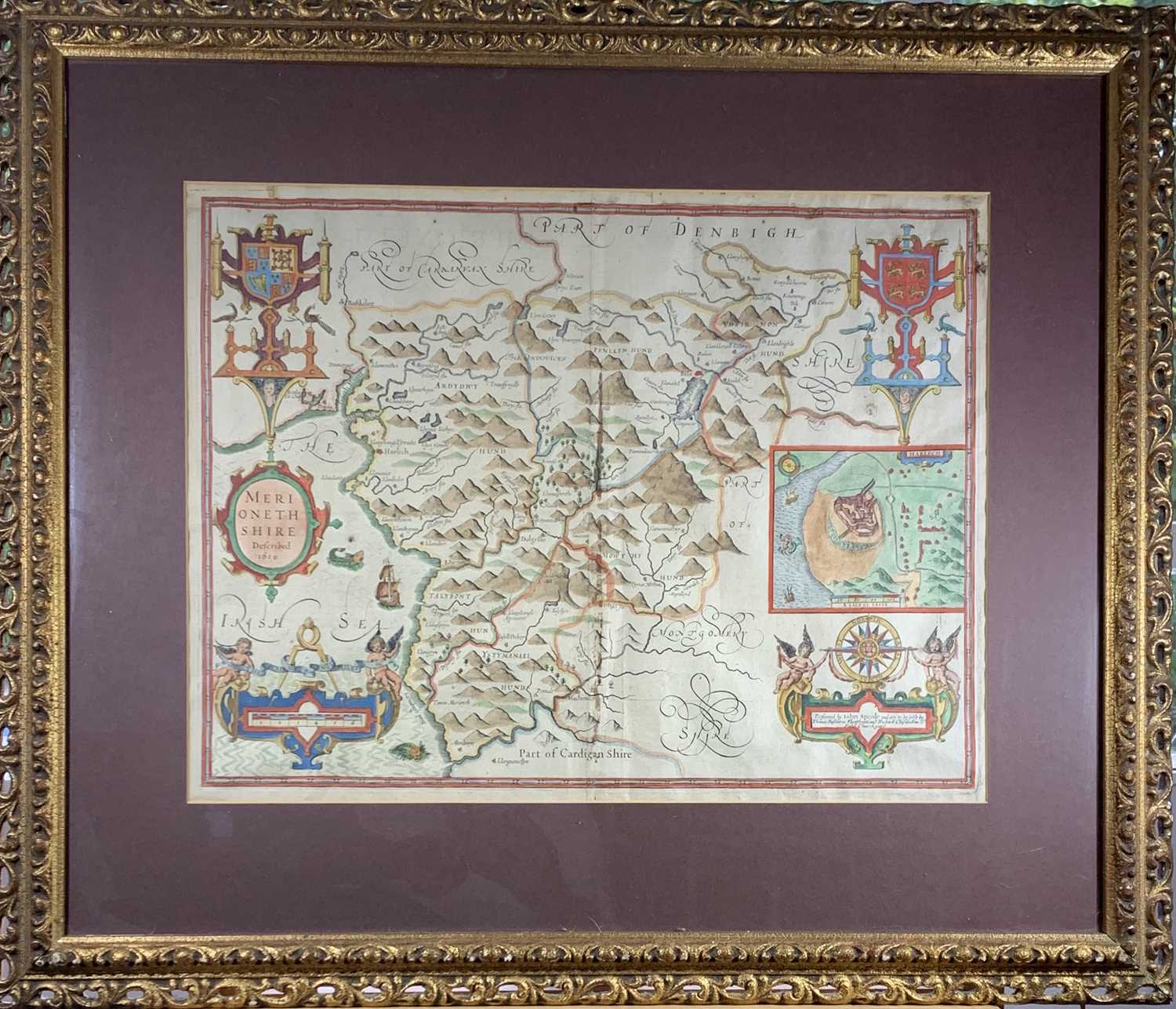 Map, brightly hand colouredJohn SPEEDEMerionethshire described 1610Inset town plan of HarlechSold by