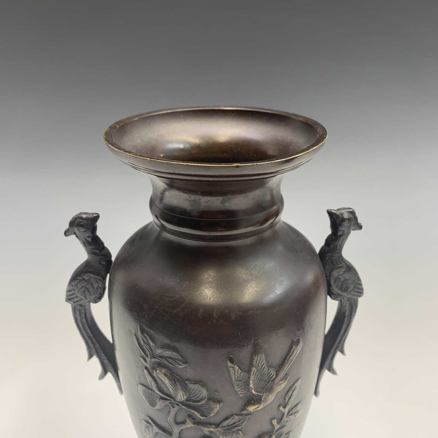 A Japanese bronze twin-handled vase, Meiji Period, the body with trees and birds, height 26cm. - Image 4 of 4