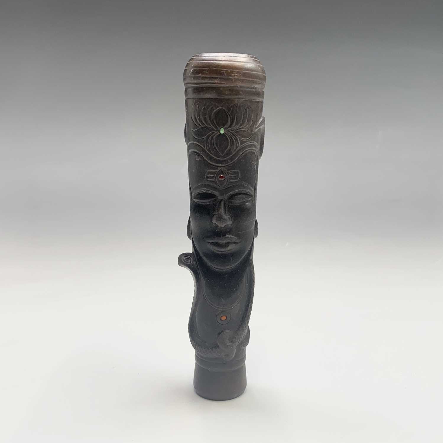 An Indian inlaid pottery chillum pipe, length 12.5cm togehter with an embroidered case. - Image 2 of 5