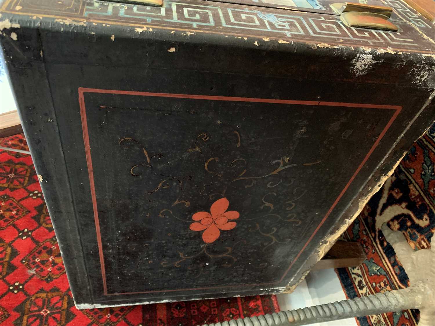 A pair of Chinese lacquered wood and painted cabinets, early 20th century, on later oak stands, - Image 6 of 6