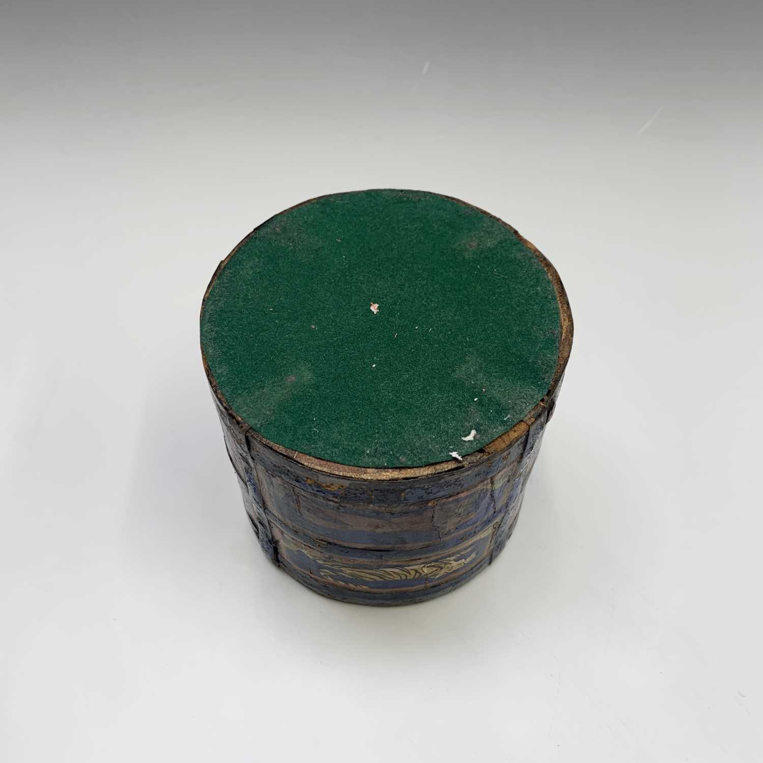 An Indian blue painted wood circular pot, the rectangular panels enclosing stylised animals, - Image 2 of 5