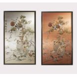 Two Chinese silk embroidered pictures, mid-late 20th century, each with a tree and exotic birds,