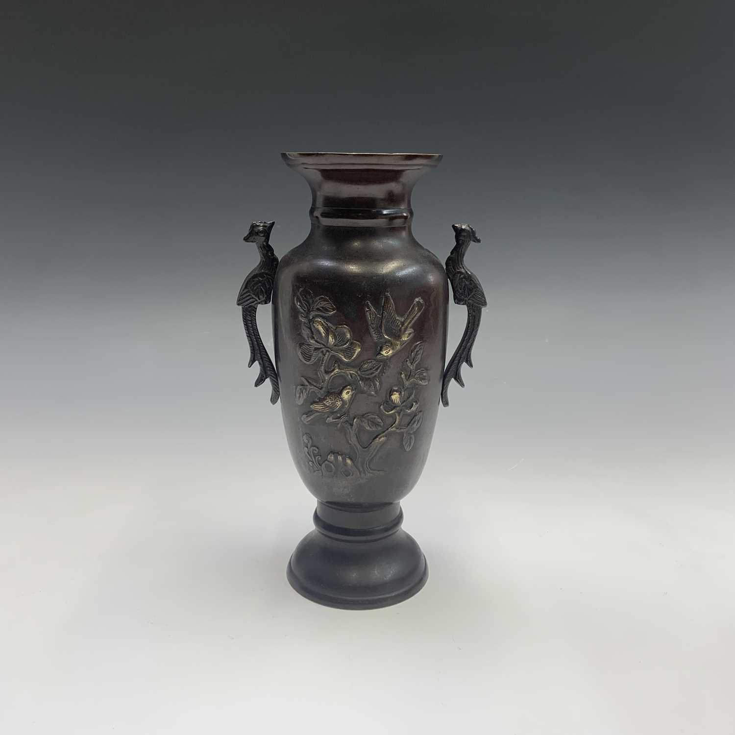 A Japanese bronze twin-handled vase, Meiji Period, the body with trees and birds, height 26cm. - Image 2 of 4