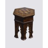 An Islamic hexagonal occasional table, circa 1900, with marquetry inlaid top, height 45cm, width