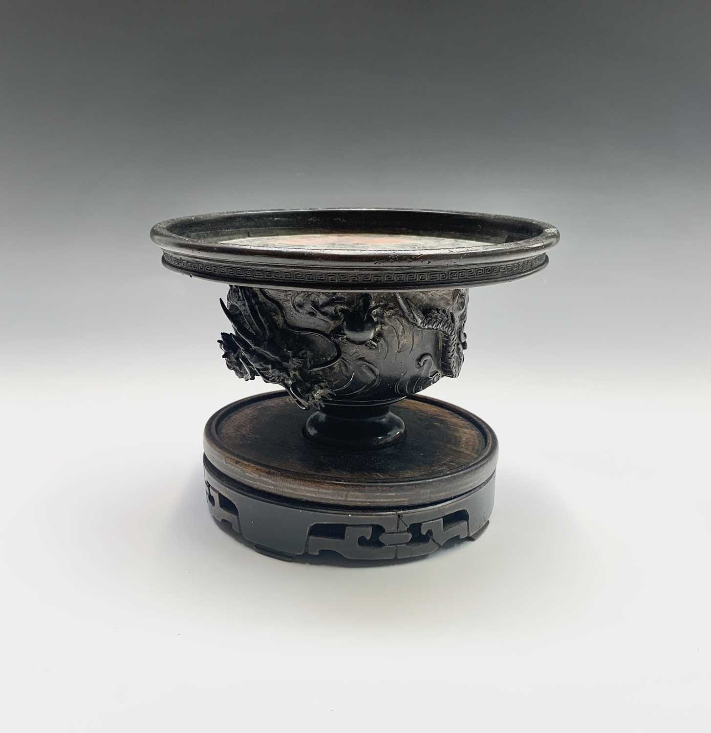 A Chinese bronze bowl, Qing Dynasty, signed, with three claw dragons chasing the flaming pearl, with - Image 4 of 6