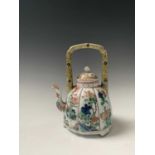 A Chinese famille verte porcelain kettle, Kangxi Period, the yellow ground handle with horizontal