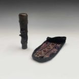An Indian inlaid pottery chillum pipe, length 12.5cm togehter with an embroidered case.