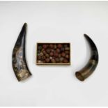 Two Japanese gilt lacquered horns, signe, largest 22cm and a quantity of beads, mainly carved wood.