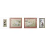 A Chinese silk embroidered picture, frame size 59 x 32cm and three paintings on silk.
