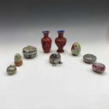 Seven various cloisonne items, including jars and a pair of red lacquer vases, mainly 20th