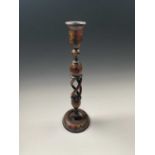 A Kashmiri painted wood candlestick, early 20th century, with a part barley twist stem and floral