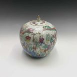 A Chinese famille rose porcelain jar and cover, with the one hundred boys pattern, on a carved