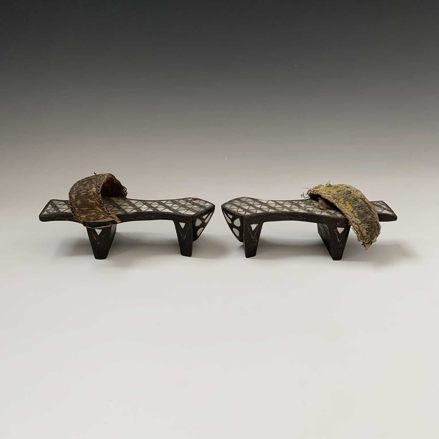 A pair of Turkish Ottoman wooden and mother of pearl inlaid bath shoes, 19th century, length 23. - Image 3 of 5