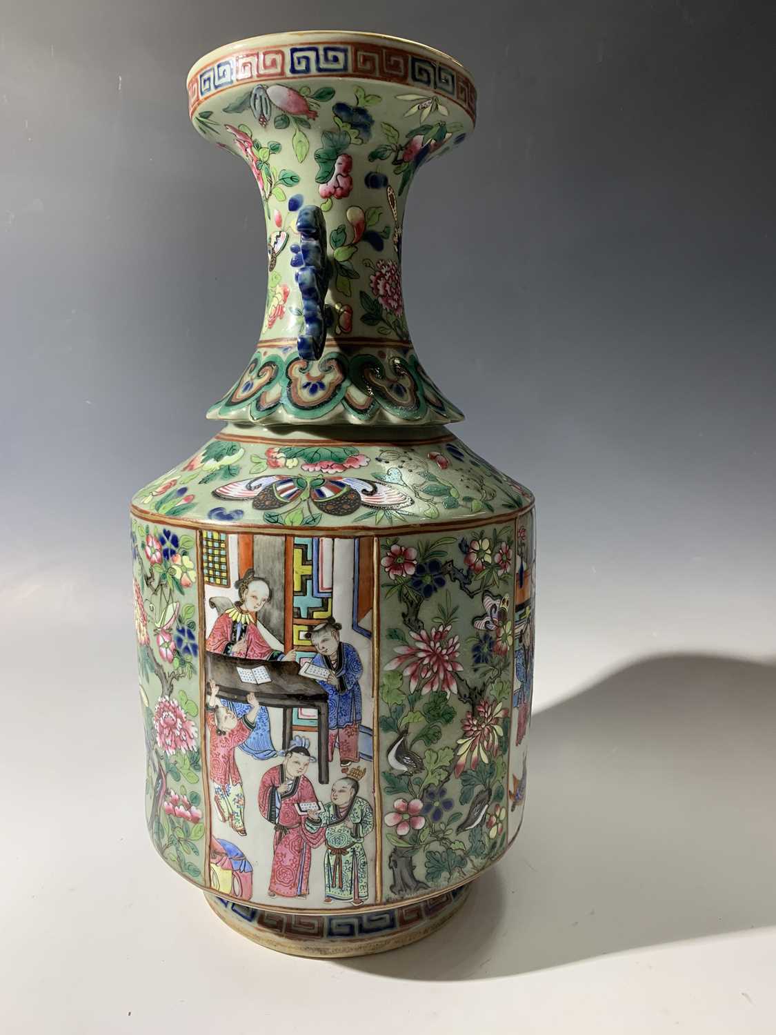 A Chinese Canton twin-handled celadon vase, 19th century, with butterflies amongst foliage above - Image 26 of 27