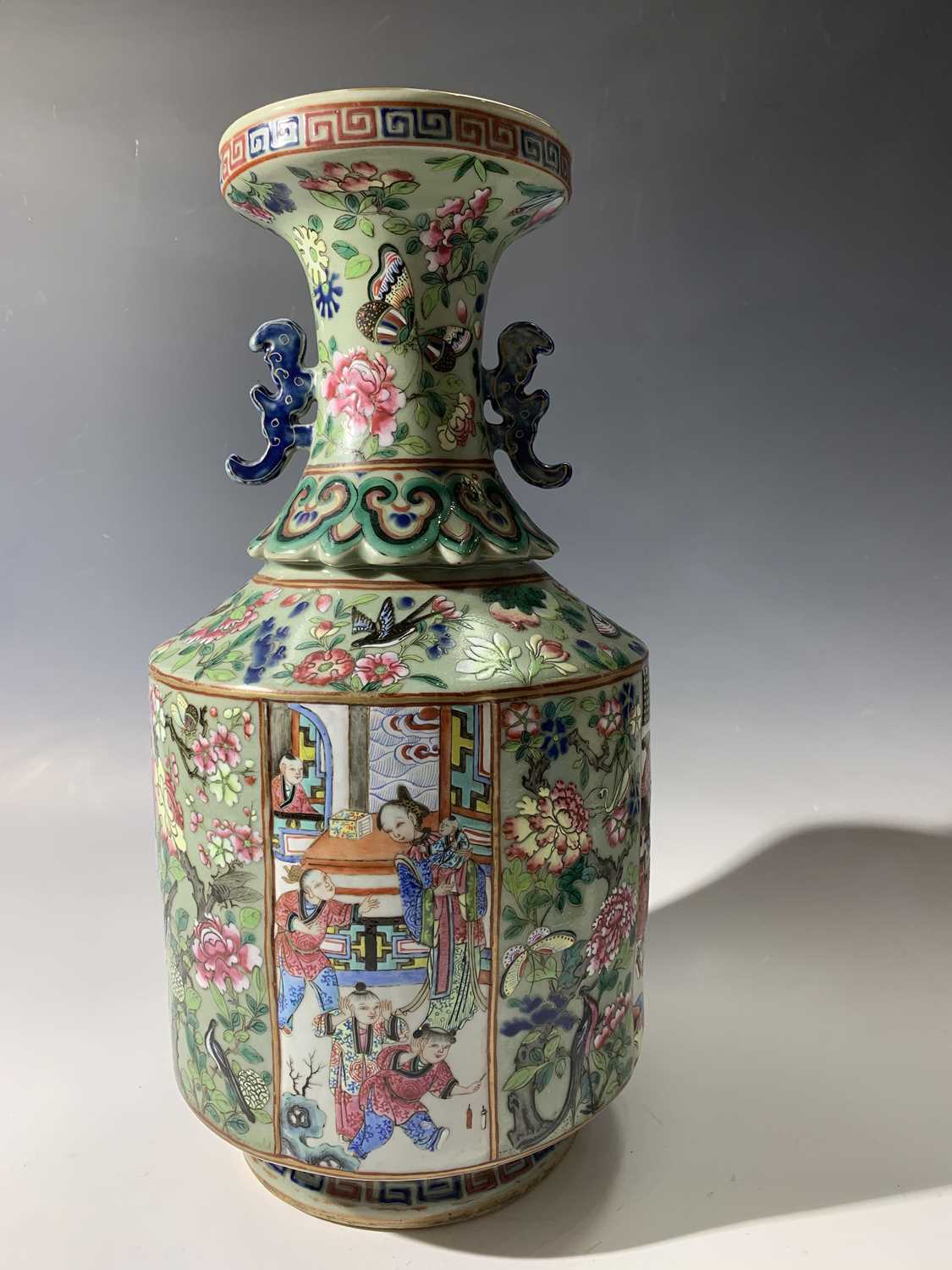 A Chinese Canton twin-handled celadon vase, 19th century, with butterflies amongst foliage above - Image 16 of 27