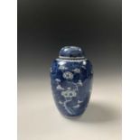 A Chinese blue and white prunus pattern jar and cover, early 20th century, height 26cm, width 15cm.