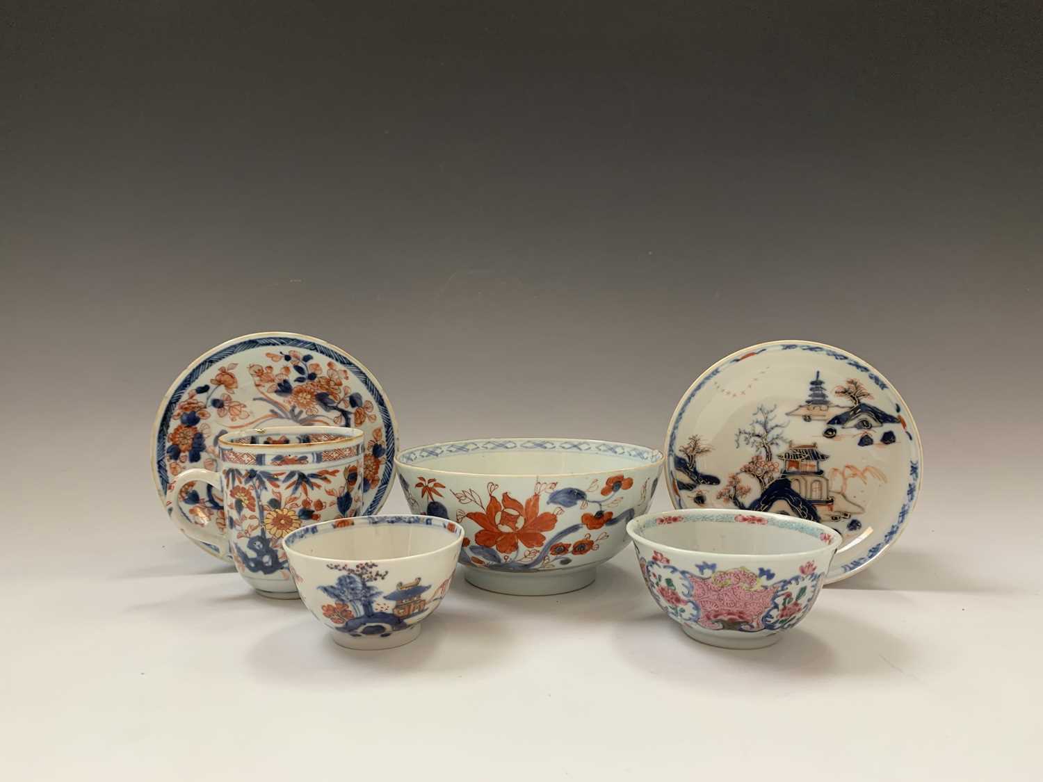 A selection of Chinese Imari porcelain items, 18th century, comprising a bowl, cup and saucer, tea