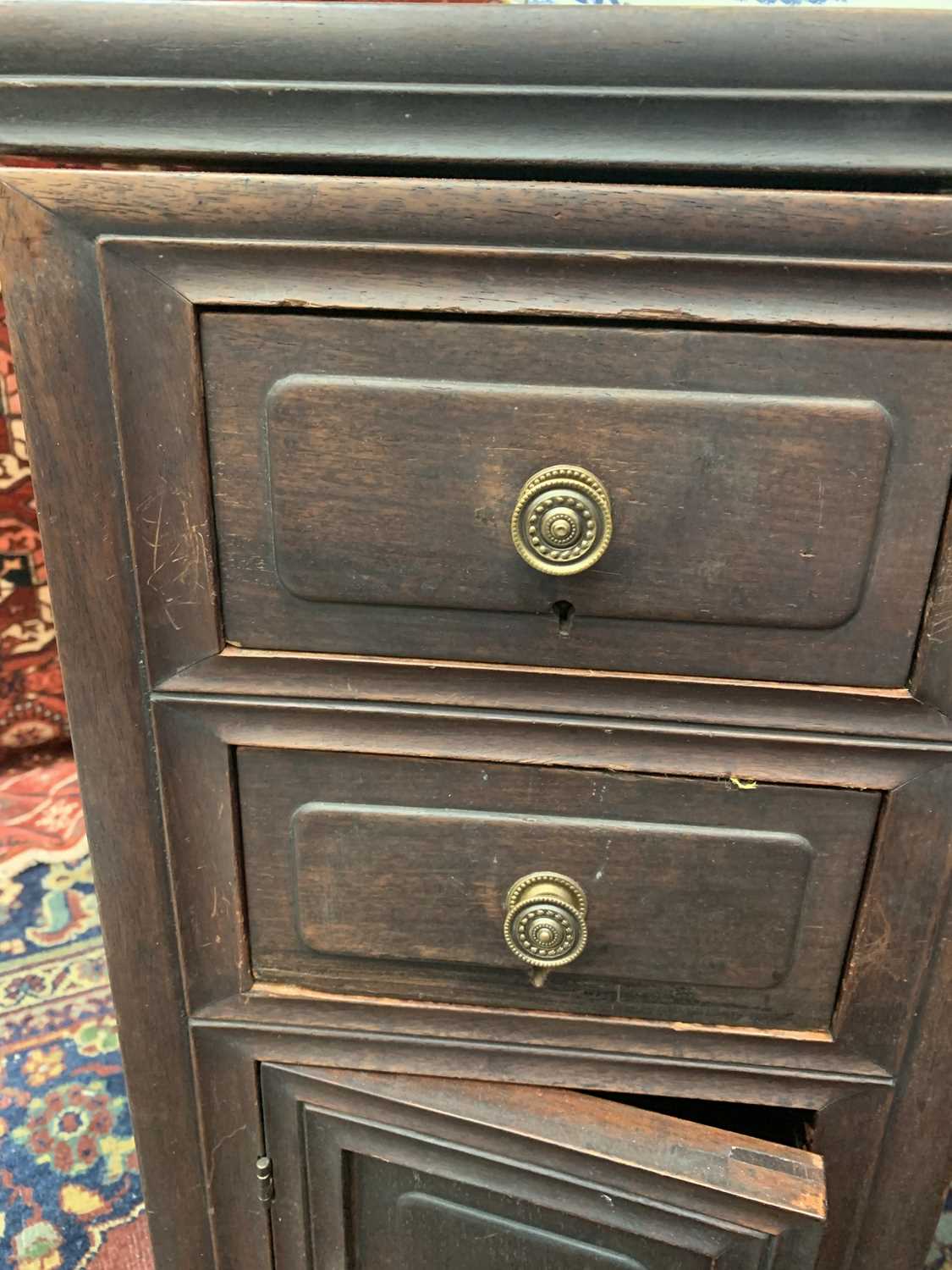 A Chinese hardwood twin pedestal desk, late 19th century, with bat and roundel carved stretchers, - Image 5 of 10