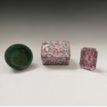 A Chinese cloisonne box and cover, 19th century, the pink ground decorated with foliage, height 6.