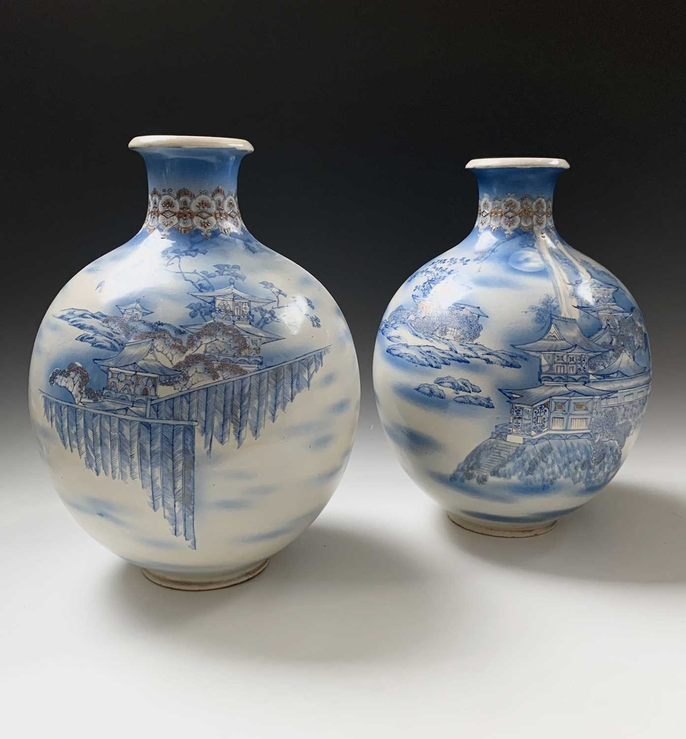 A large pair Japanese Satsuma earthenware vases, early 20th century, of globula form, signed, height - Image 2 of 4