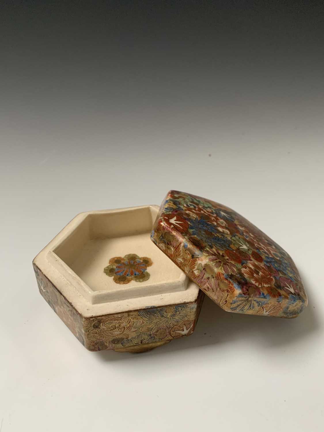 A Japanese satsuma millefleur hexagonal box and cover, Meiji Period, signed, height 5.5cm, width - Image 2 of 7