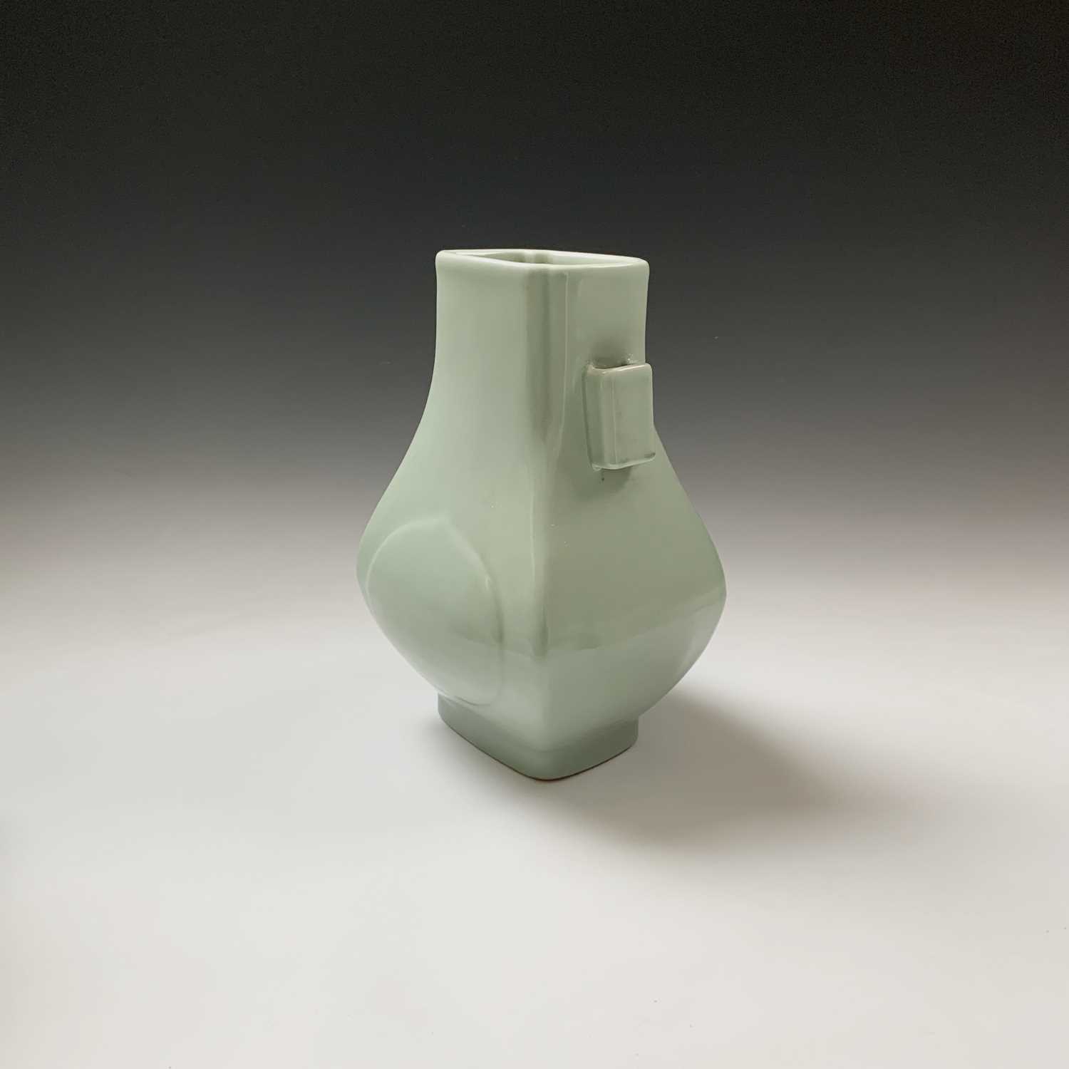 A Chinese celadon hu-form vase, Guangxu Period, with square section lug handles, six character marks - Image 2 of 13