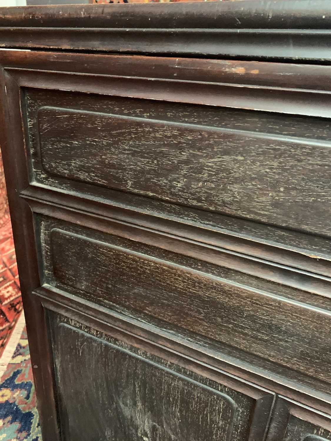 A Chinese hardwood twin pedestal desk, late 19th century, with bat and roundel carved stretchers, - Image 8 of 10