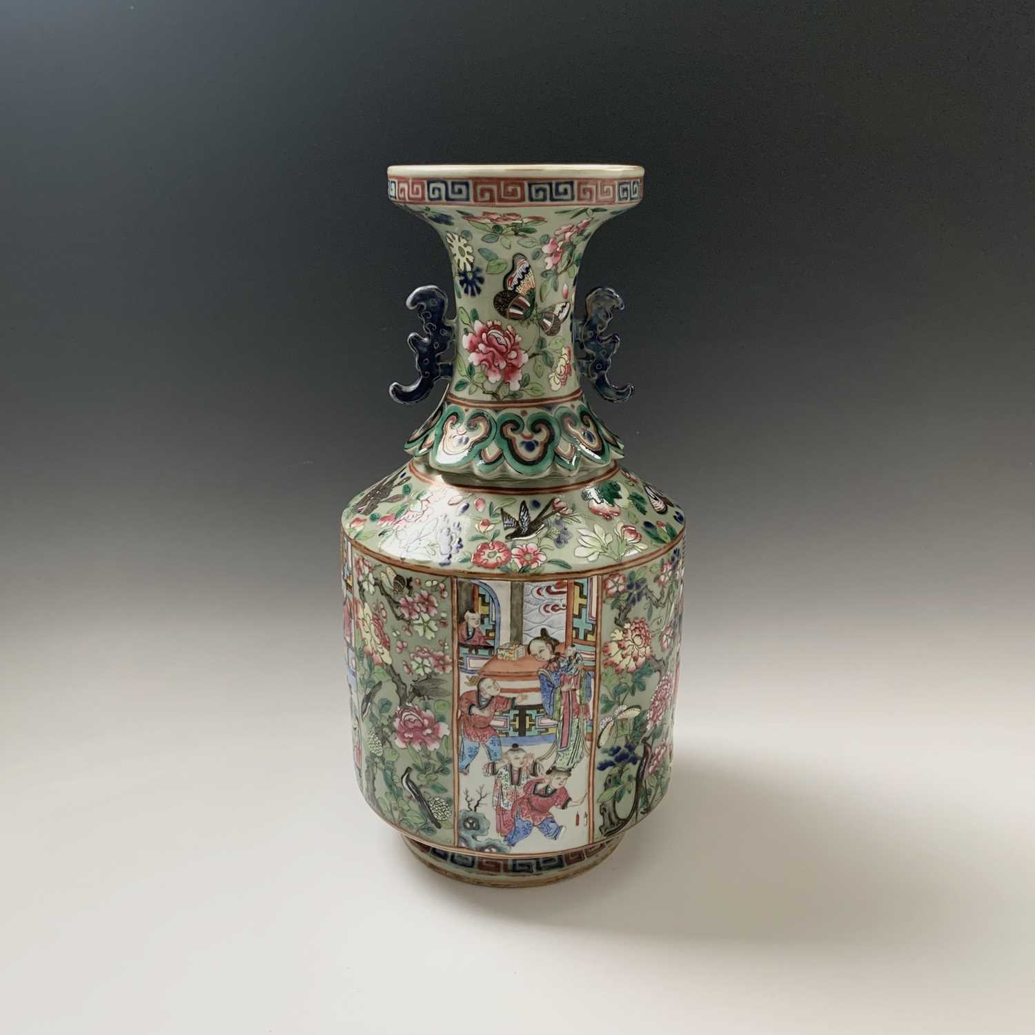 A Chinese Canton twin-handled celadon vase, 19th century, with butterflies amongst foliage above - Image 6 of 27