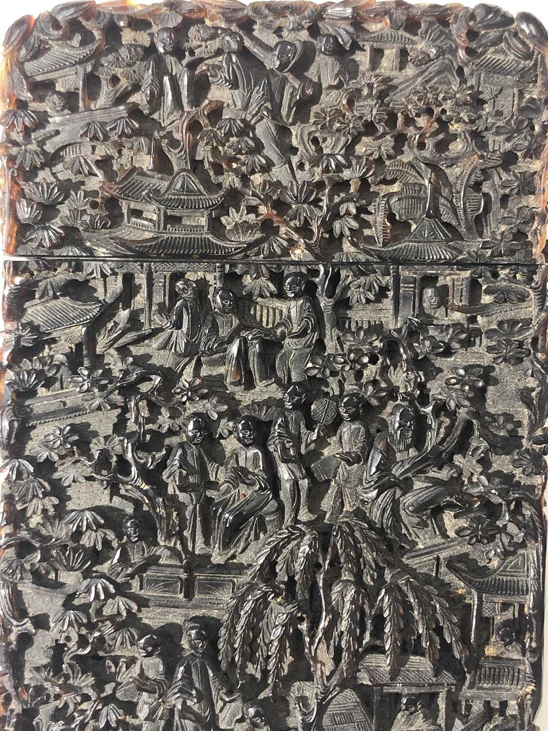 A Chinese tortoiseshell card case, 19th century, intricately carved with figures amongst buildings - Image 8 of 15