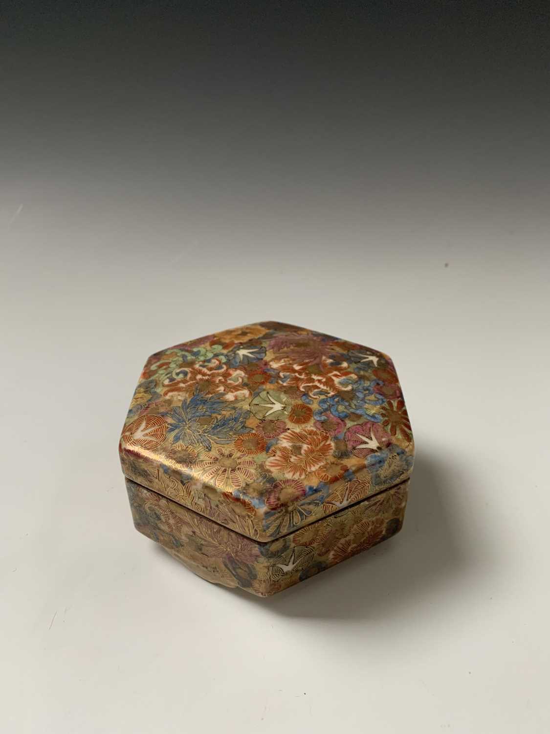 A Japanese satsuma millefleur hexagonal box and cover, Meiji Period, signed, height 5.5cm, width - Image 6 of 7