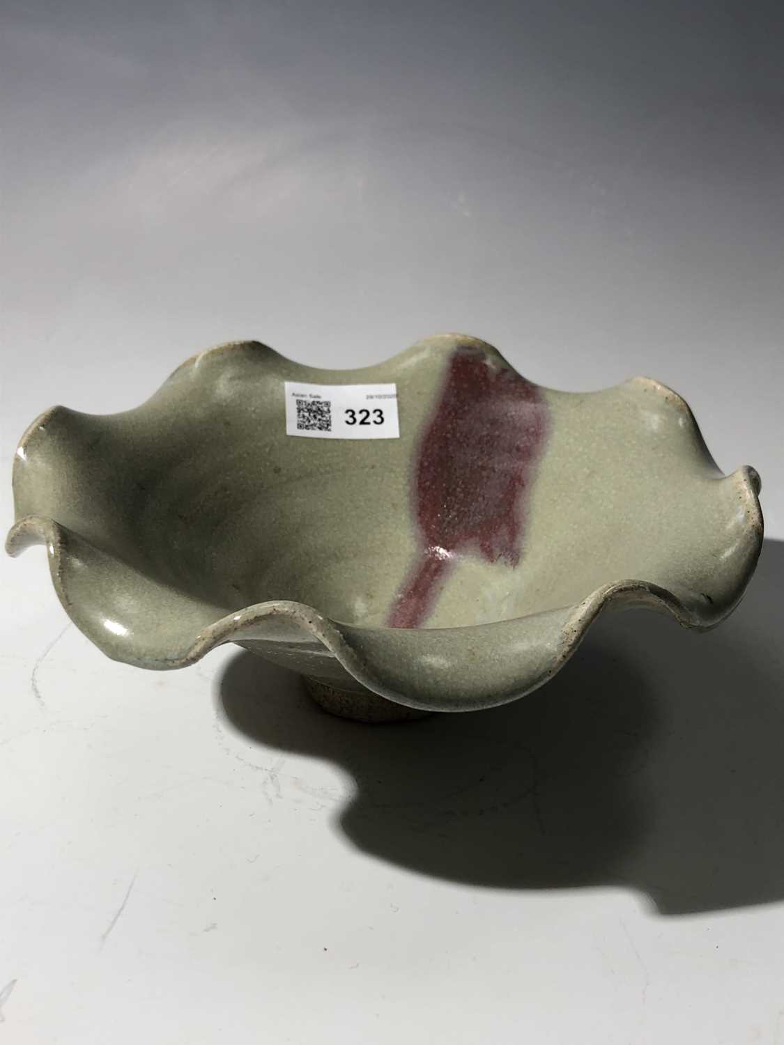 A footed pottery celadon glazed bowl, with scalloped rim, height 8.5cm, diameter 20cm.Condition - Image 5 of 7