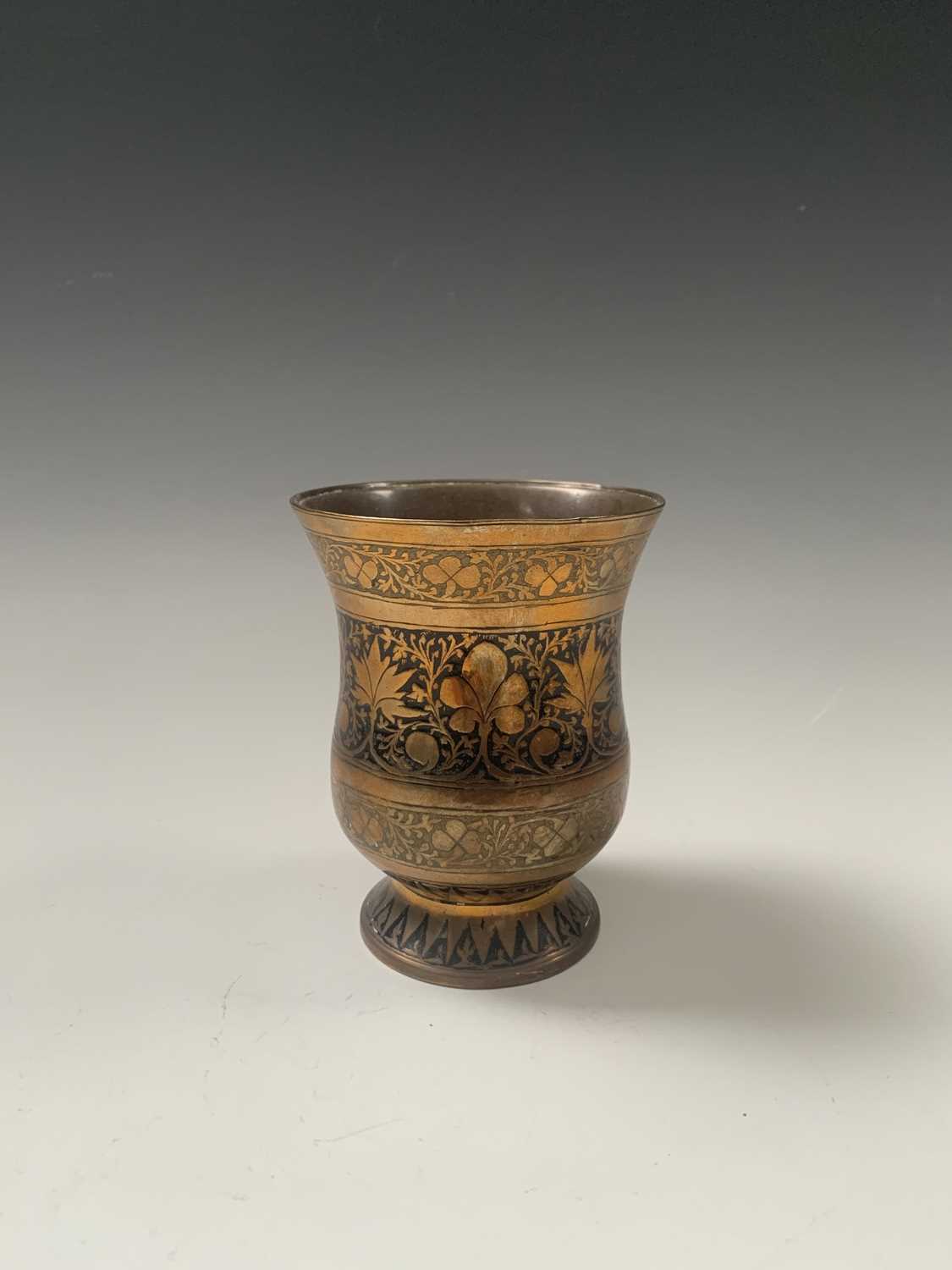 A Persian brass hanging oil lamp, width 17.5cm, a Cairoware brass jug, height 14cm and three - Image 8 of 12